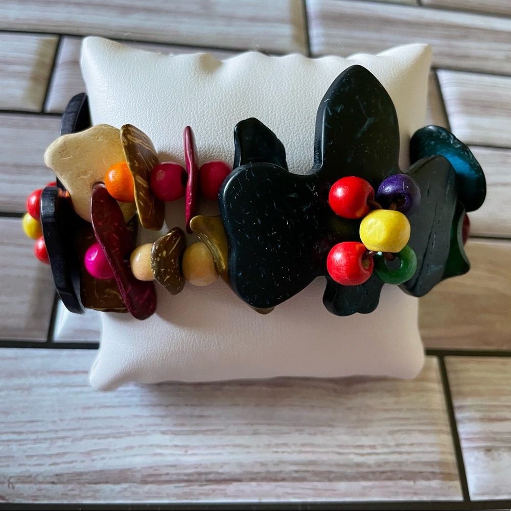 Black happy face bead with cross, colorful beads 2 stretchy strands bracelet